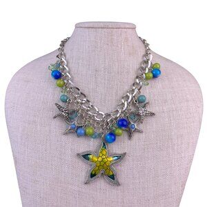 Silver Tone Womens Multi-Color Starfish Charm Necklace Chain In Bold Design